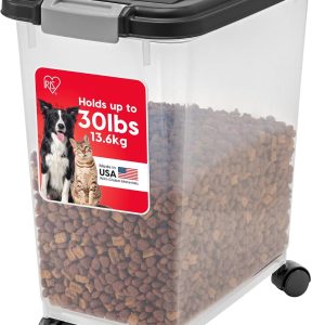 IRIS USA Airtight Pet Food Storage Container with Wheels, Black, 30 lb Capacity - BPA-Free Clear Plastic Bin with Snap-Lid Seal to Keep Kibble, Pellets or Seeds Fresh for Dogs, Cats and Birds