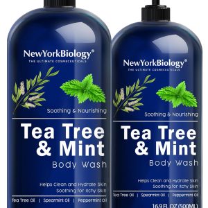 New York Biology Tea Tree Mint Body Wash for Men and Women - Moisturizing Body Wash Helps Soothe the Skin - Refreshing and Hydrating Cleanser for Body and Feet - 16.9 Fl Oz (Pack of 2)