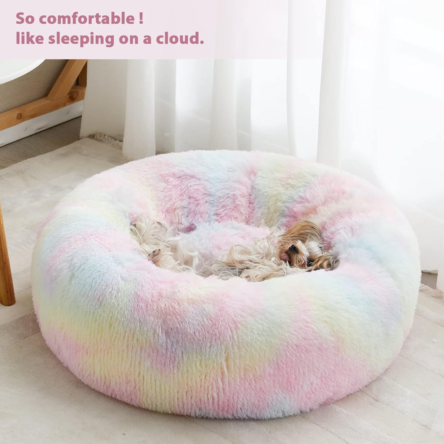 WNPETHOME Round Calming Medium Dog Bed Cat Bed for Comfy Sleeping, Cute Washable Puppy Bed with Fluffy Plush, Faux Fur Anti Anxiety Pet Bed Donut Cuddler (27 x 27 x 8 Inch, Rainbow)