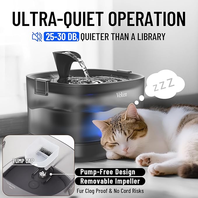 Veken Cat Water Fountain with Detachable Tank & Secure Clips, Easy to Clean & Assemble, 85oz/2.5L Pet Drinking Dispenser with Quiet Operation & LED Light, Gifts, Cats, Dogs and Small Pets, Black - Image 2