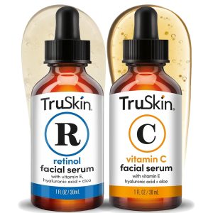 TruSkin Face Serum Duo - Vitamin C Serum & Retinol Serum for Face - AM & PM Anti Aging Skincare Routine - Brightening & Smoothing Facial Serums, 1 fl oz Each