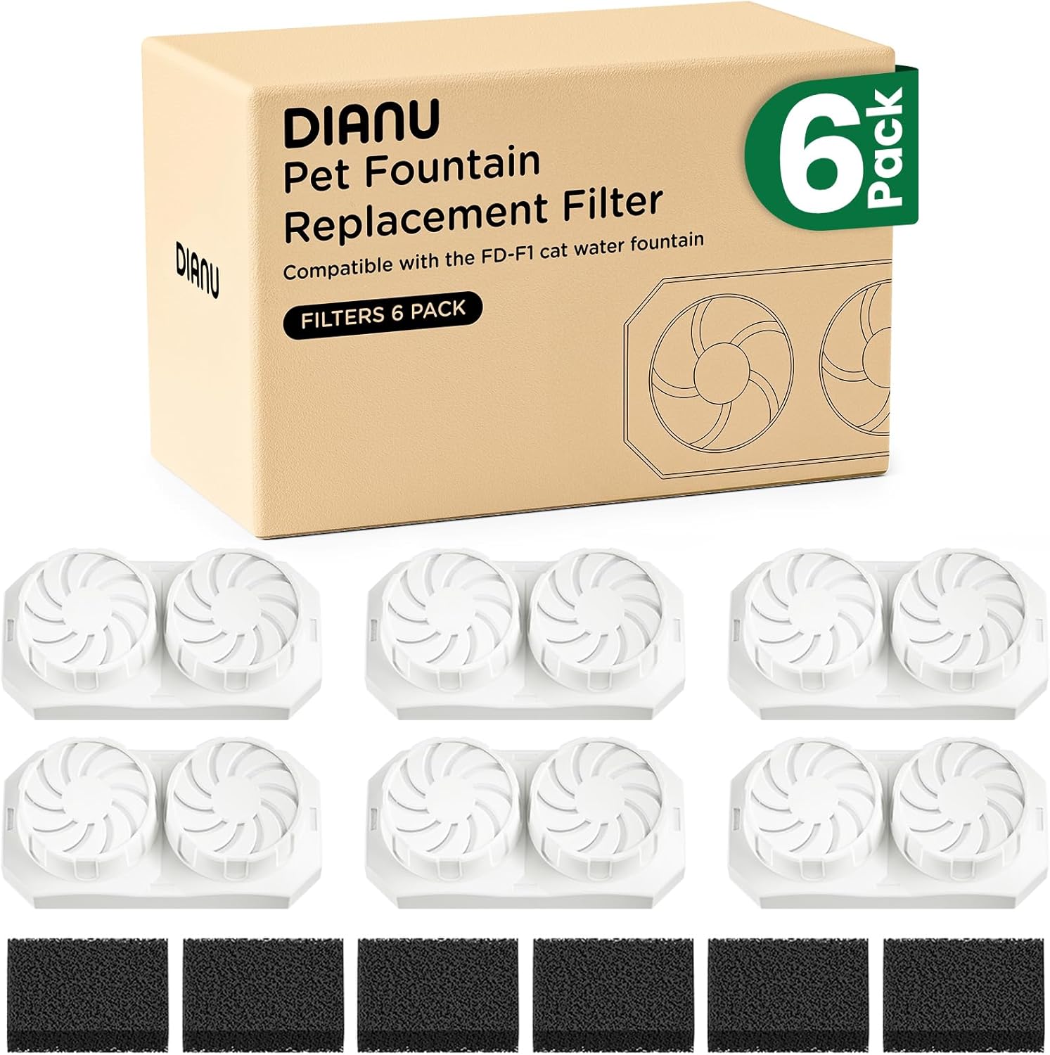 DIANU Official Cat Water Fountain Replacement Filters & Pre-Filter Sponges for 3.2L/108oz Stainless Steel Pet Fountain (Six Pack) - Image 3