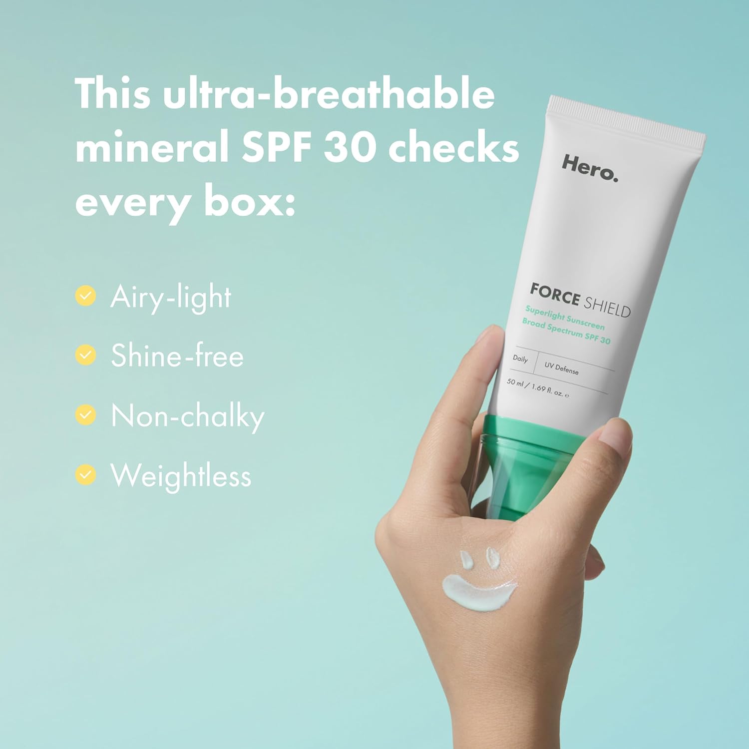Hero Cosmetics Force Shield Superlight Sunscreen SPF 30, 1.69 Fl Oz | Improves Redness & Post-Blemish Marks; Color-Correcting Green Cream; Long-Lasting Hydration; Dermatologist Tested - Image 3
