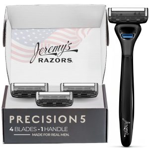 Jeremy's Razors for Men: Precision 5 Blade Razor - Stainless Steel Blades, Lubricating Strip, Precision Trimmer - Men's Shaving Kit, Travel Face Body Head Shavers (1 Razor 4 Cartridges)
