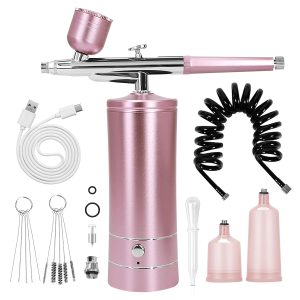 Airbrush Kit Air Brush Kit With Air Compressor Nail Charms Wireless Air Brush for Barber, Nail Art, Makeup, Model Painting (Pink - with extension tube)