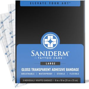 Saniderm Tattoo Aftercare Bandage 3 Sheets (Large Pack, 8 in x 10 in) – Convenient, Faster Tattoo Healing and Protection – Sterile, Waterproof, and Latex-Free