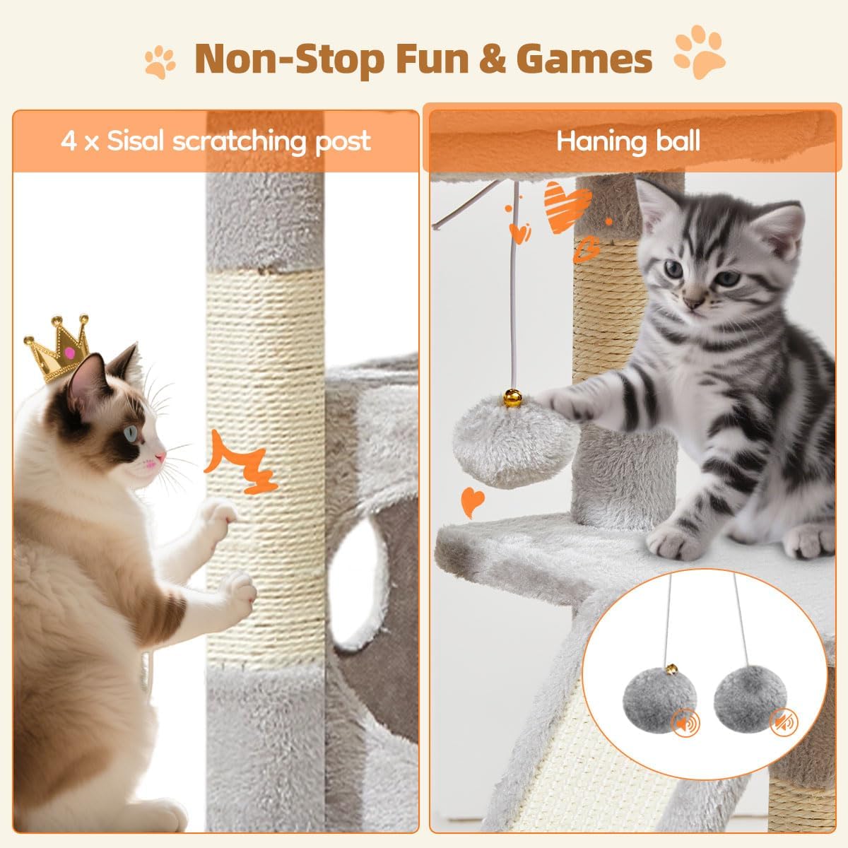 Taoqimiao Cat Tree,38.2-Inch Cat Tower for Indoor Cats,Suitable for Kittens with Luxurious cat condo with Adjustable Baskets and Luxurious Perch Light Gray MS029SW - Image 2