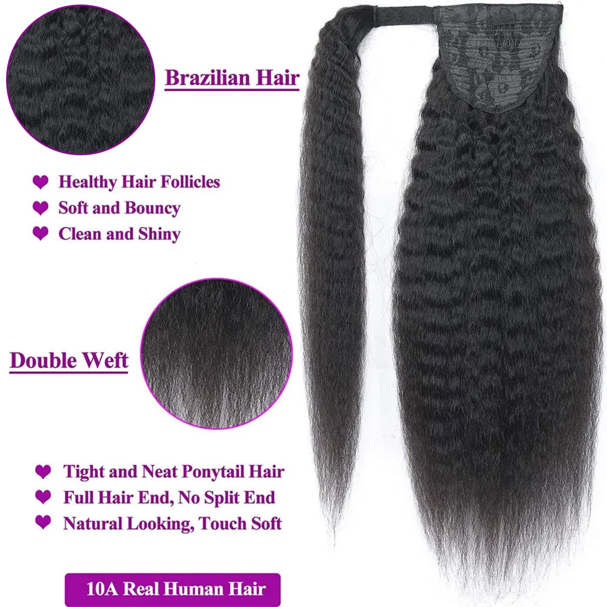 Straight Ponytail Human Hair with Wrap Around Magic Tape, Brazilian Hair Clip in Extensions Wavy Yaki Pony Tail Color Natrual Black (14", 1B, Straight, Wrap Around) - Image 2