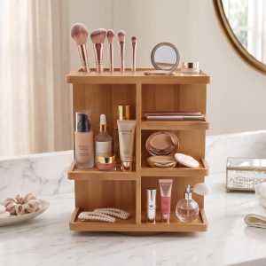 Rotating Cosmetic Modular Organizer, Multi-Function Storage, 360 degree Carousel for Makeup, Toiletries, Vanity, Desk, Countertop, Bedroom, Closet, Solid Natural Wood with Acacia Brown