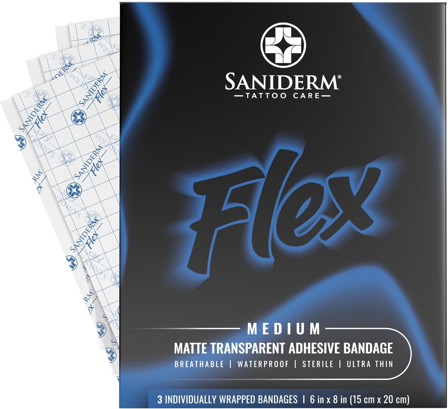 Saniderm Flex Tattoo Aftercare Bandage (New) (3 Sheets, 6 in x 8 in) – Convenient, Faster Tattoo Healing and Protection – Sterile, Waterproof, Ultra Flexible, Tatoo Aftercare Wrap – Matte Finish - Image 2