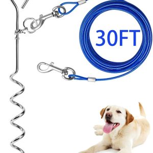 Dog Tie Out Cable and Anti Rust Spiral Stake , 30ft Outside Leash&Chain for Camping and Yard, 16'' Heavy Duty for Medium-Large Dogs Up to 125 lbs (30FT, Blue)