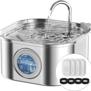 Cat Water Fountain Stainless Steel,108oz/3.2L Automatic Pet Water Fountain,Cat Fountain with Water Level Window,Water Fountains for Cats Indoor with 4 Replacement Filters and 4 Sponges