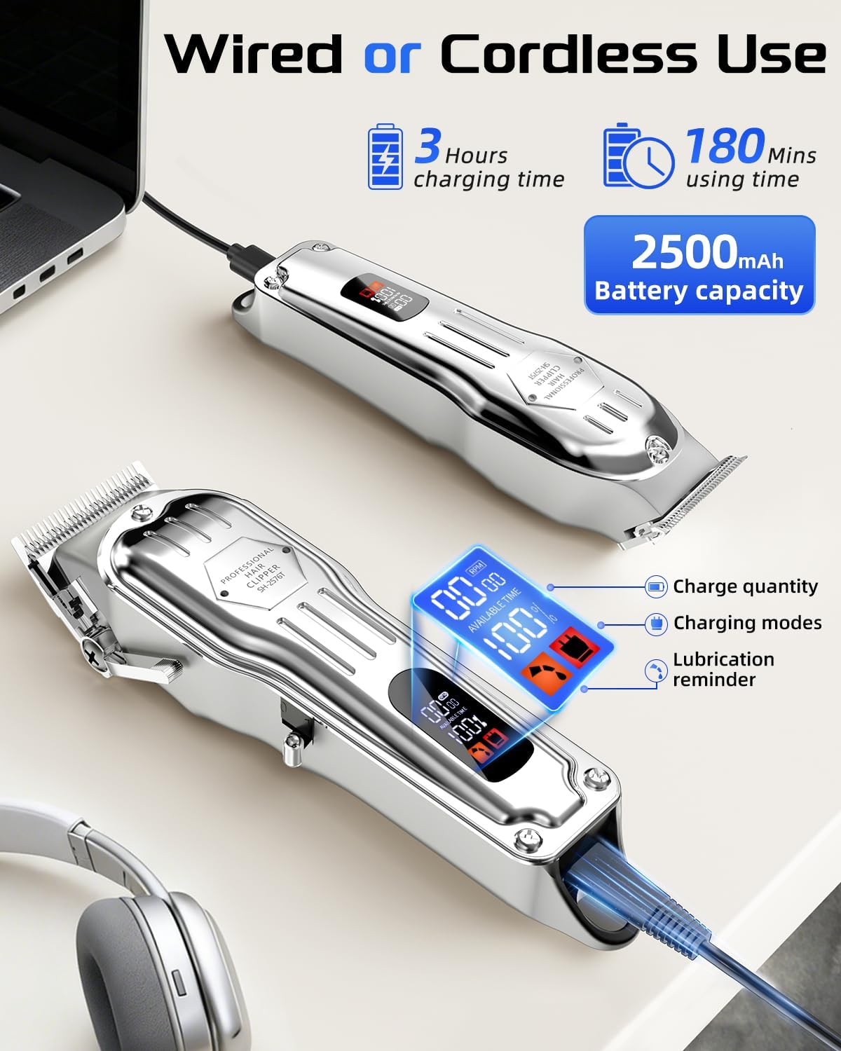 KIKIDO Hair Clippers Professional Cordless for Men, Barber Clippers for Hair Cutting Kit, Wireless LCD Display Hair Trimmers Set, Rechargeable Haircut Machine for Family (Silver) - Image 2