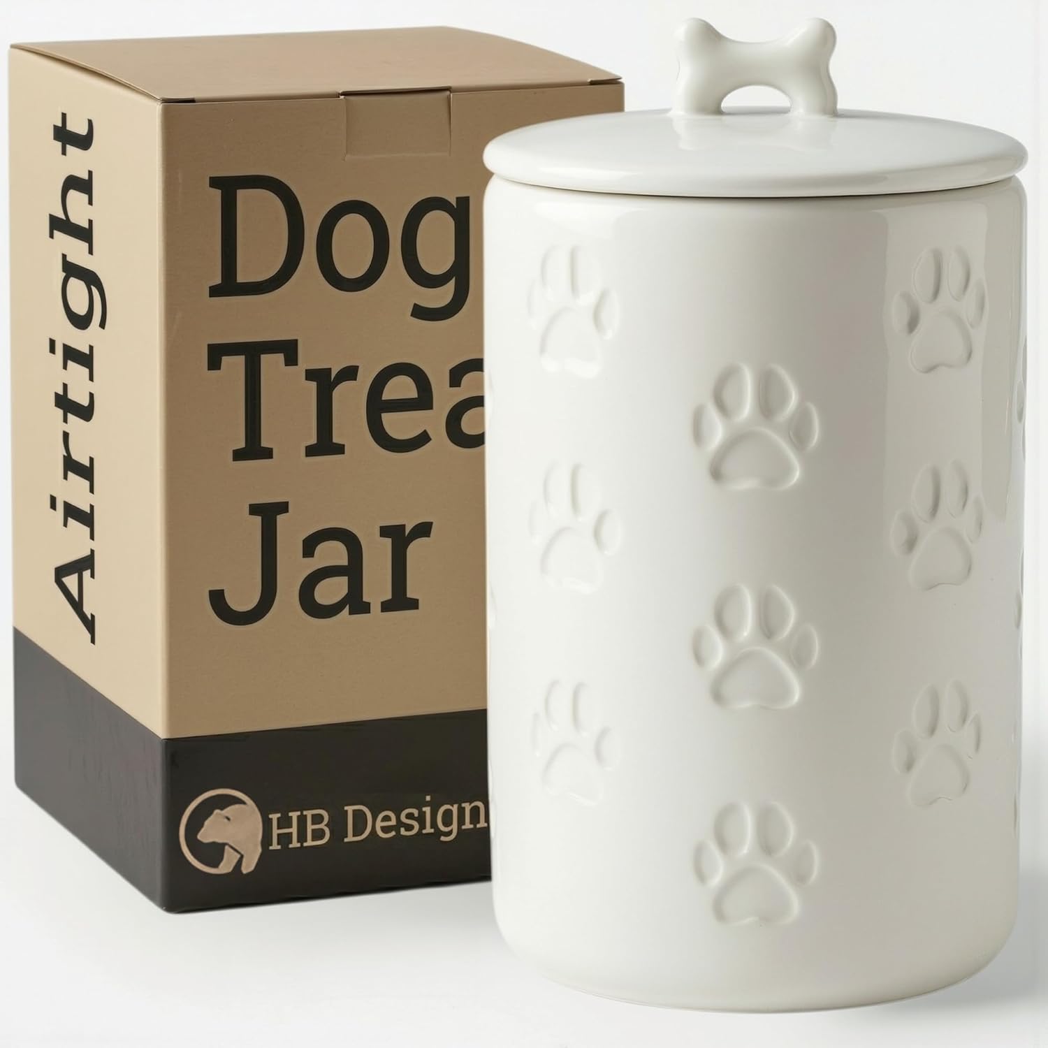 Dog Treat Container Airtight, 5"W x 9"H, Ceramic 7 Cups Big Treats Canister | Sturdy Durable Ceramic, Airtight Ceramic Lid, Fits All Popular Treats, Food Safe, Cute all-over Paw Prints and Bone Handle - Image 2