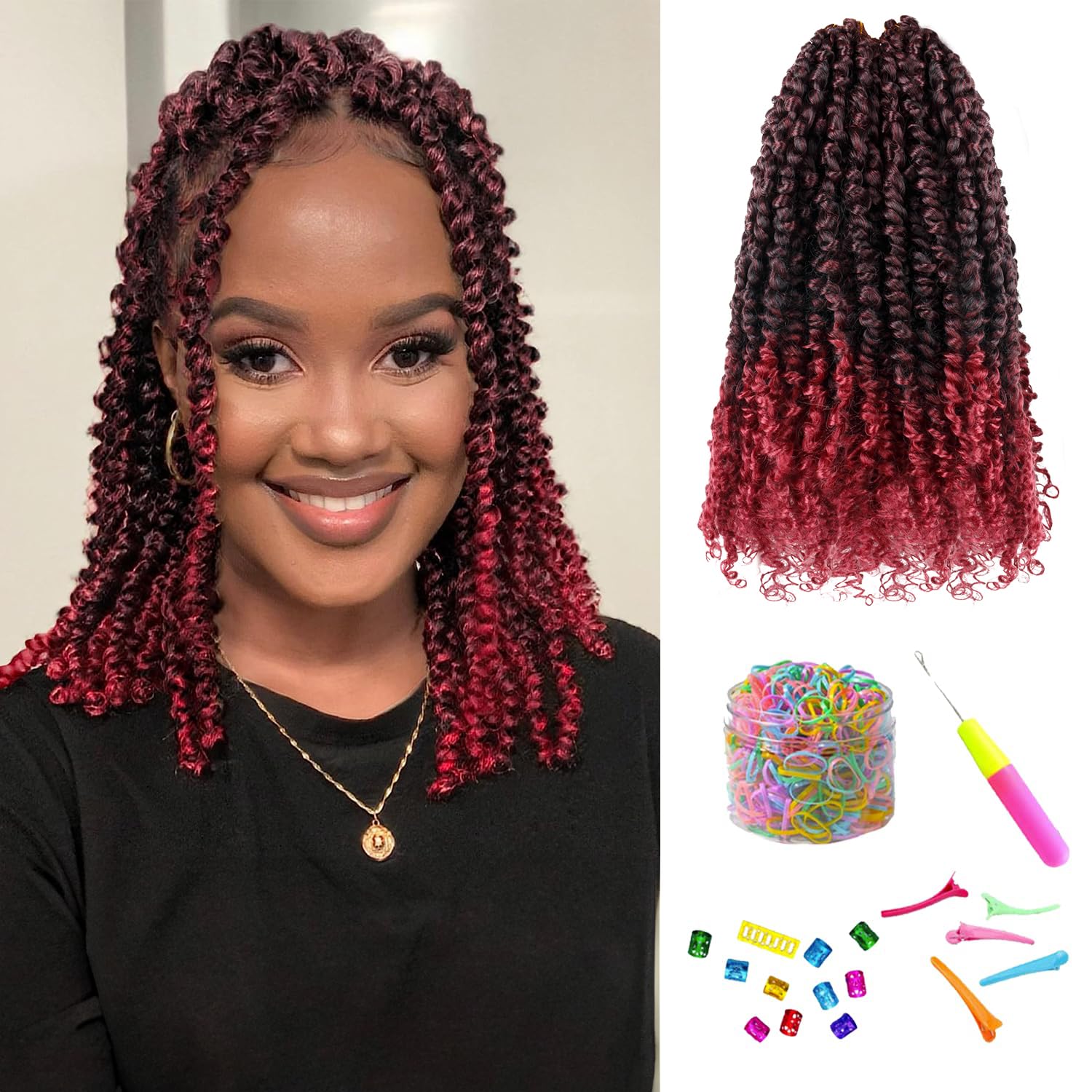 14 Inches 8 Packs Passion Twist Crochet Hair-Ombre Burgundy Pre-twisted Passion Twists,Pre-Looped Crochet Braids Made Of Bohemian Hair Synthetic Braiding Hair Extensions (14 Inch(Pack of 8), TBUG) - Image 2