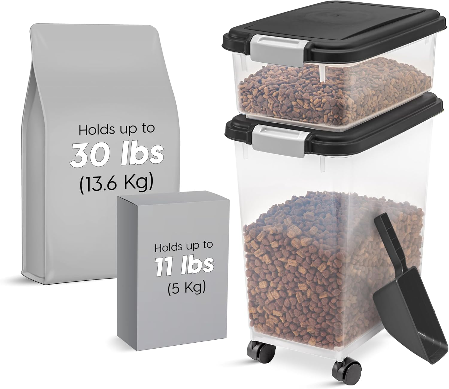 IRIS USA Dog Food Storage Container 30 lb + 11lb Airtight Combo, Stackable Pet Food Storage Bin with Wheels for Cat Dog Food, BPA Free, Made in USA, Black - Image 2