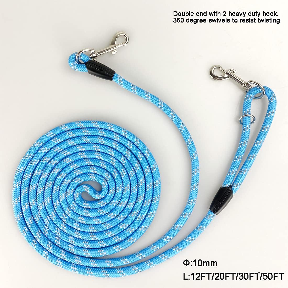 Long Rope Dog Leash for Dog Training 12FT 20FT 30FT 50FT, Reflective Threads Dog Cat Leashes Tie-Out Check Cord Recall Training Agility Lead for Large Medium Small Dogs (Blue, 10mm*50ft)