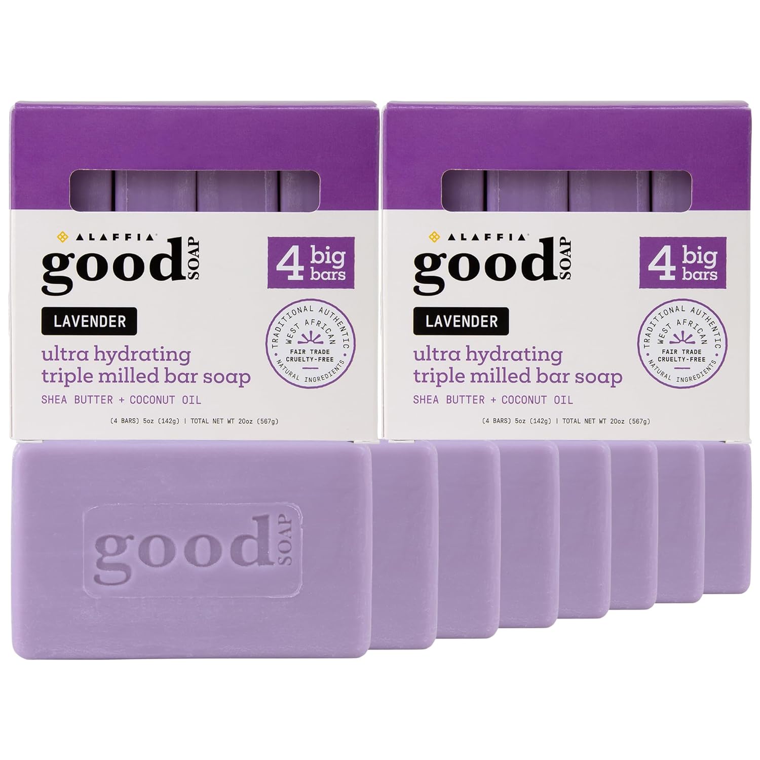 Alaffia Good Soap Lavender 2-Pack (8 Bars) – Long-Lasting, Triple-Milled with Fair Trade Shea Butter