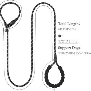 TagME Slip Lead for Dogs, No Pull Training Leash, Padded Handle (Black) | Braided Climbing Rope, Reflective Stitching, 6 Ft, Fits Small to Large Dogs Up to 250 lbs, Cushioned Grip, No Leash Burn