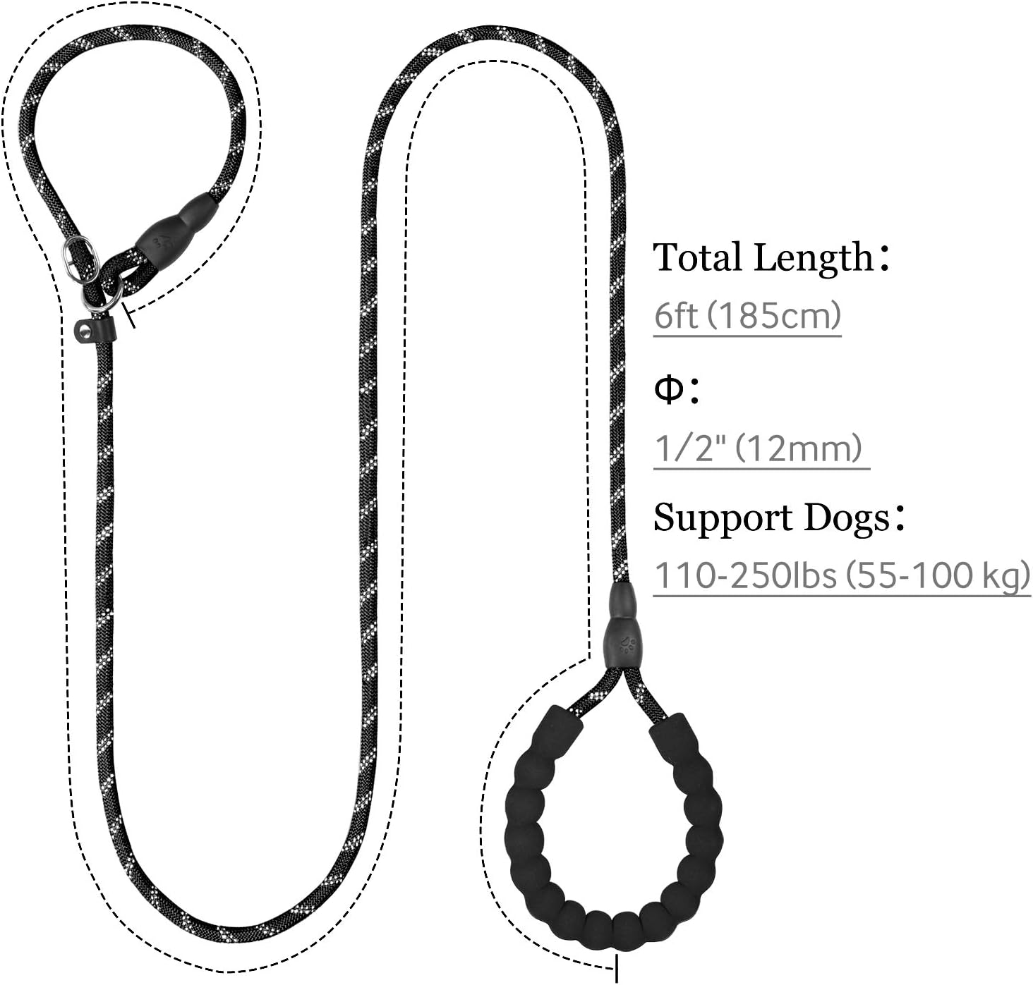 TagME Slip Lead for Dogs, No Pull Training Leash, Padded Handle (Black) | Braided Climbing Rope, Reflective Stitching, 6 Ft, Fits Small to Large Dogs Up to 250 lbs, Cushioned Grip, No Leash Burn