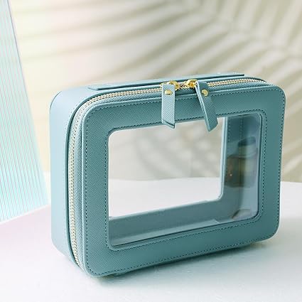 SANHECUN Toiletry bag waterproof cosmetic organizer with handle large opening for travelling (Blue) - Image 2