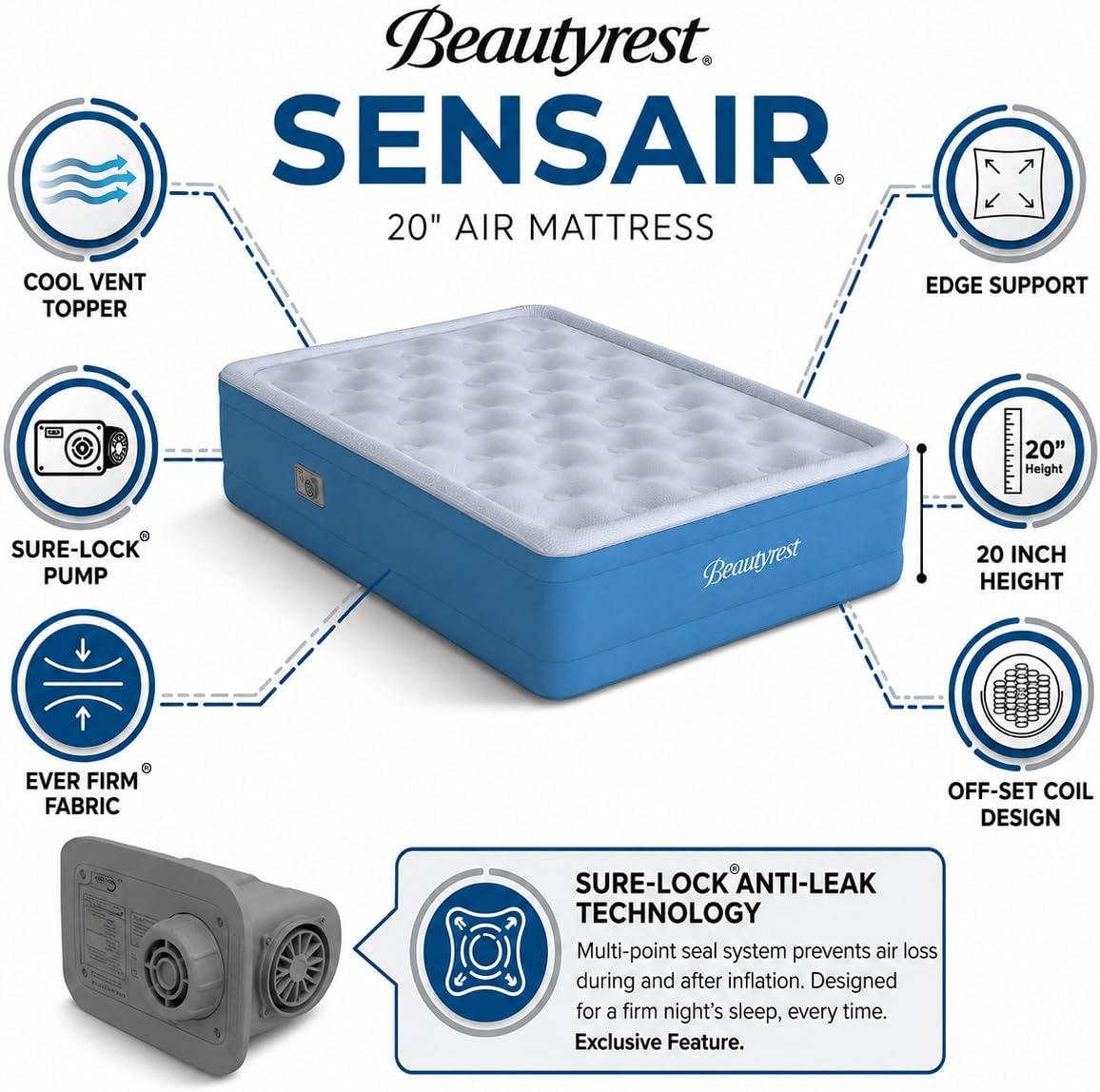 Beautyrest SensAir 20" Queen Air Mattress, Pump & Cool Vent Topper | 20-inch queen air mattress with anti-leak pump, cool vent topper, offset coil support, and reinforced edges for guests. - Image 2