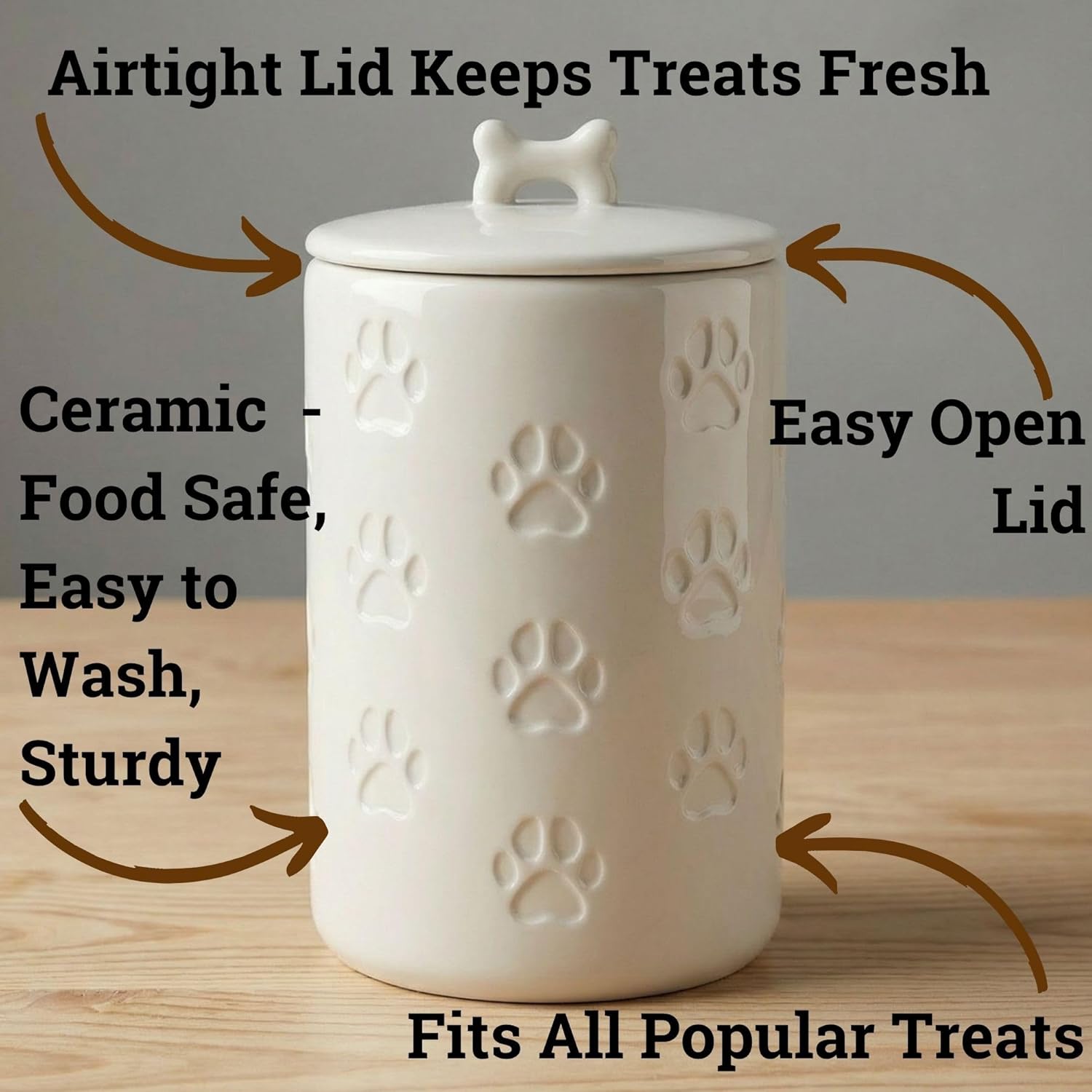 Dog Treat Container Airtight, 5"W x 9"H, Ceramic 7 Cups Big Treats Canister | Sturdy Durable Ceramic, Airtight Ceramic Lid, Fits All Popular Treats, Food Safe, Cute all-over Paw Prints and Bone Handle - Image 3