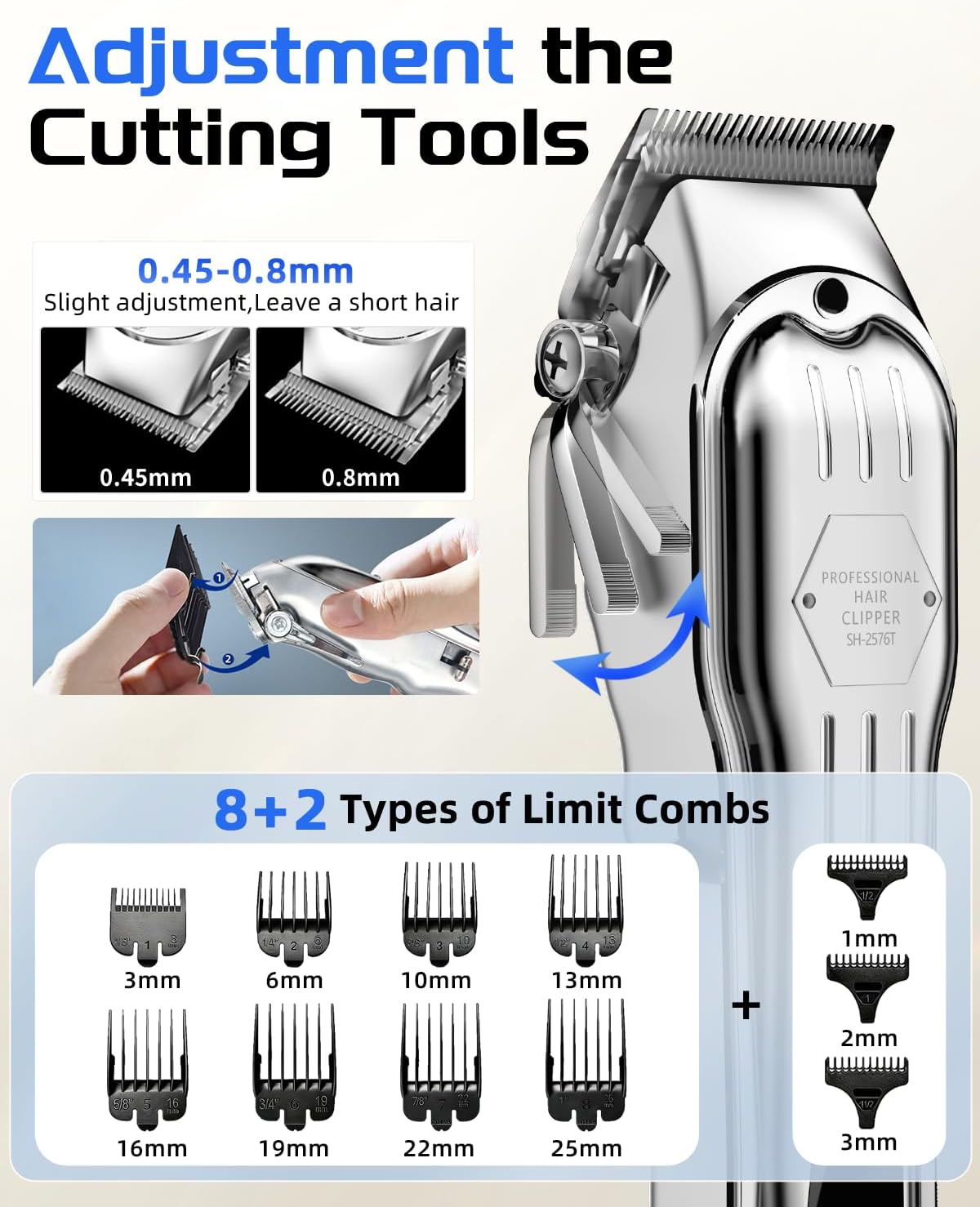KIKIDO Hair Clippers Professional Cordless for Men, Barber Clippers for Hair Cutting Kit, Wireless LCD Display Hair Trimmers Set, Rechargeable Haircut Machine for Family (Silver)