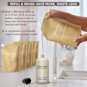 Terra Pure Spa Collection Conditioner, Green Tea Lemongrass, 1 Liter | Refill Bag For Soap Dispensers, Bulk Toiletries, Vacation Rentals & Home Bathroom Showers, Set of 3