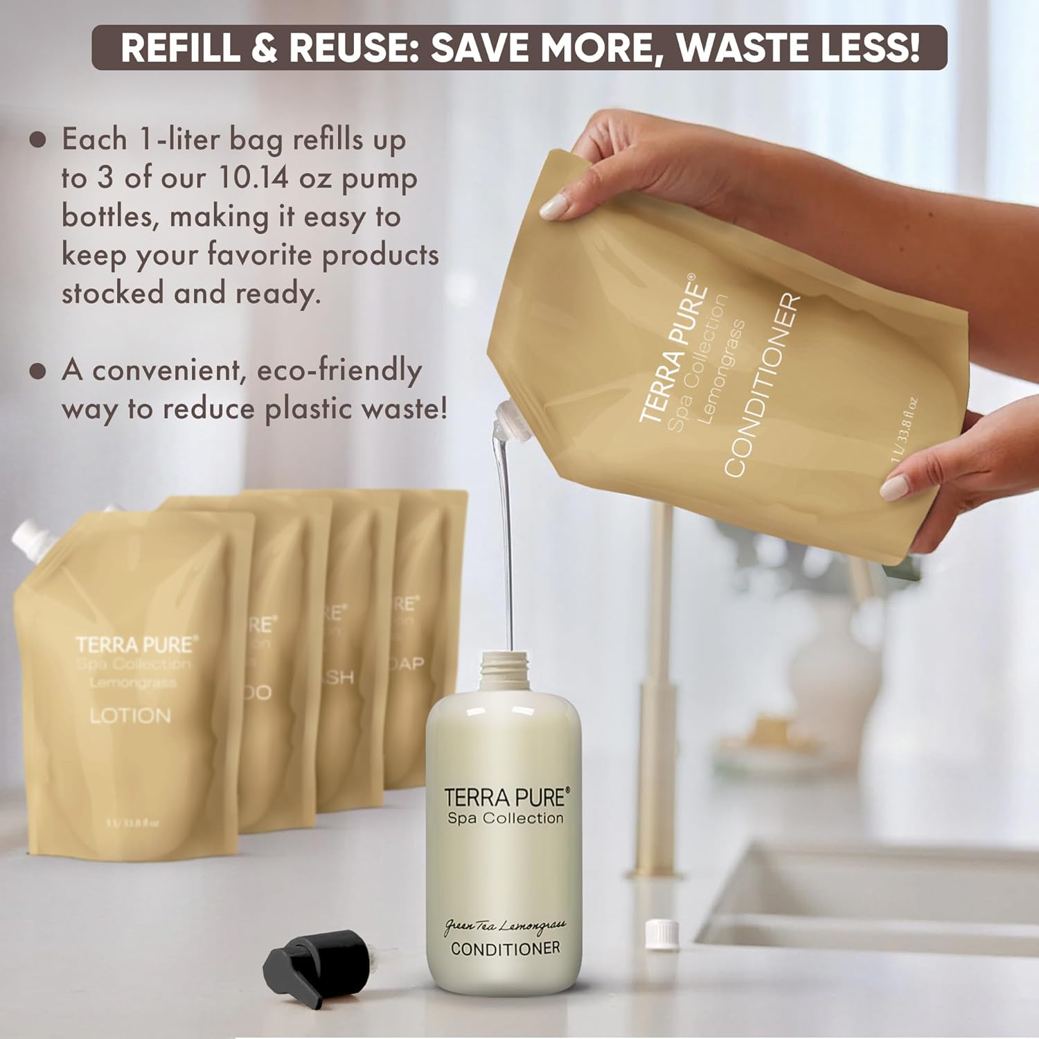Terra Pure Spa Collection Conditioner, Green Tea Lemongrass, 1 Liter | Refill Bag For Soap Dispensers, Bulk Toiletries, Vacation Rentals & Home Bathroom Showers, Set of 3