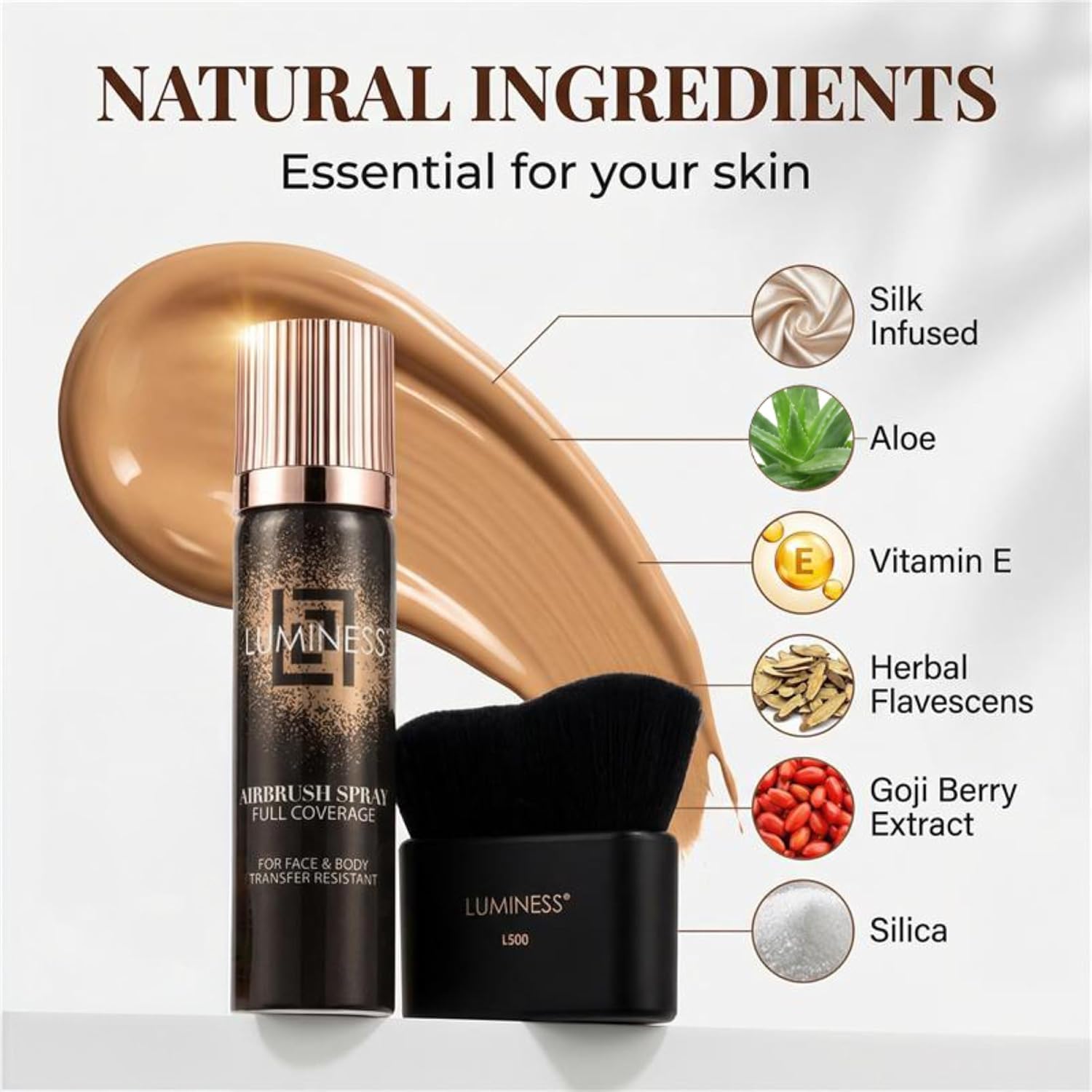 LUMINESS Transfer Resistant Airbrush Body Coverage Perfector/w Kabuki Brush - Tattoo Cover Up Makeup Waterproof Full Coverage Foundation for Leg and Body, Bronzer & Tattoo Concealer, 18-Hour Wear - Image 2
