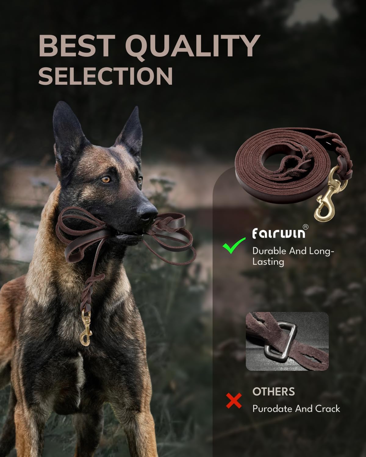 FAIRWIN Leather Dog Leash 6 Foot - Braided Military Grade Heavy Duty Dog Leash for Large Medium Small Dogs Training and Walking (Brown, XL:1" x 6ft) - Image 2