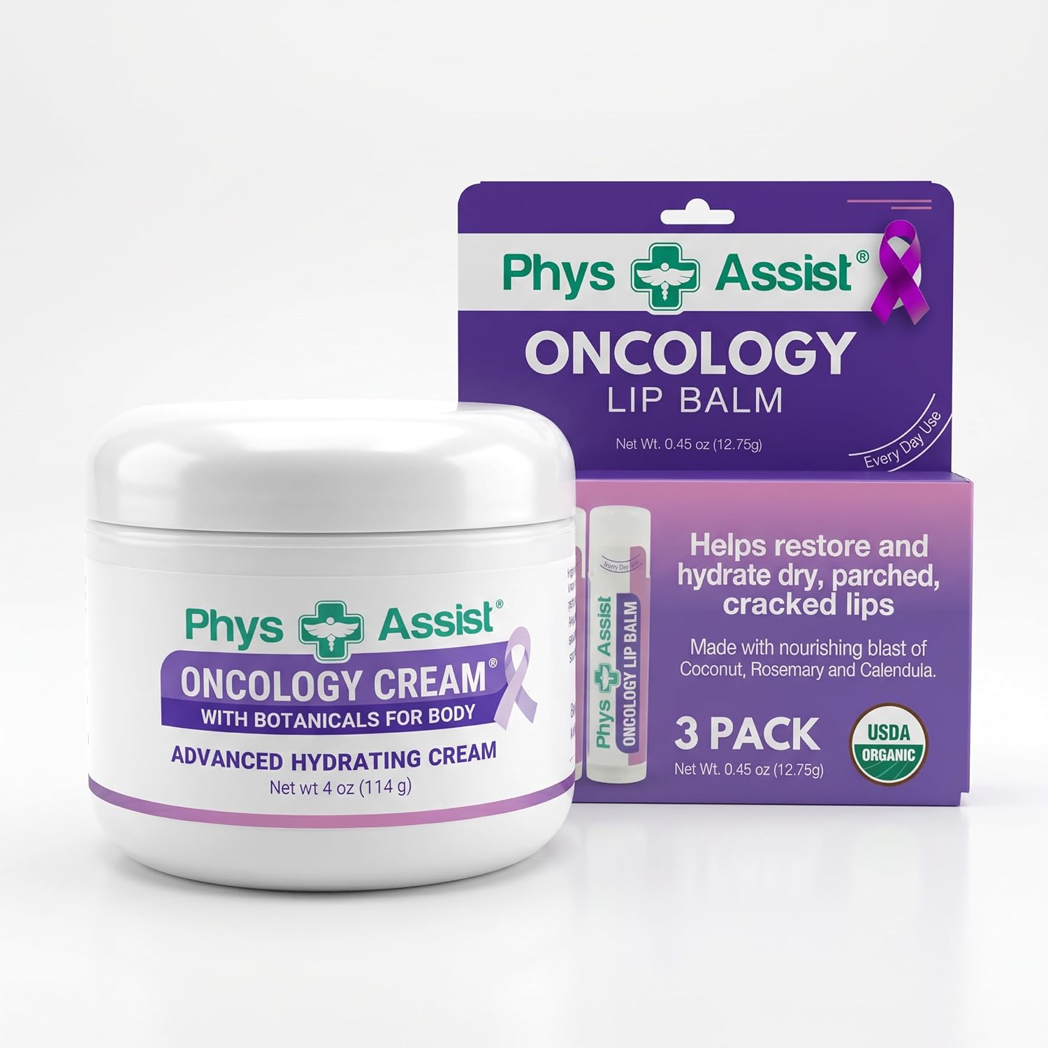 PhysAssist Oncology Cream with Botanicals for Body 4 oz + Lip Balm 3 Pack. Skin Therapy Set for Dry, Sensitive & Stressed Skin – Hydrating Body Cream & Moisturizing Lip Care