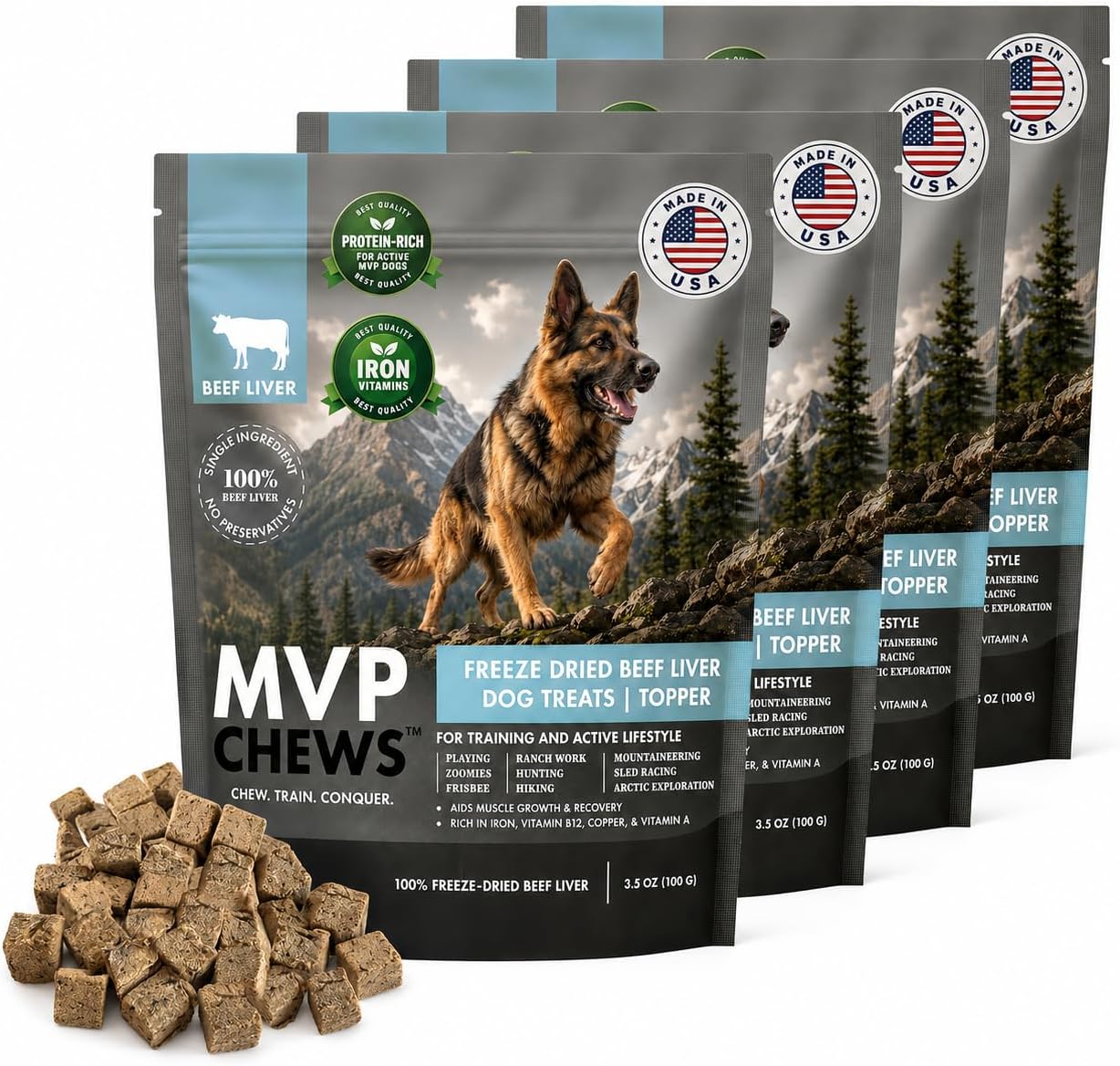 MVPChews | Freeze Dried Beef Liver Dog Treats | Single Ingredient Training Treats | High Protein, Grain Free, No Additives or Fillers | Premium Quality Food Topper | Made in USA - 3.5oz (Pack of 4)
