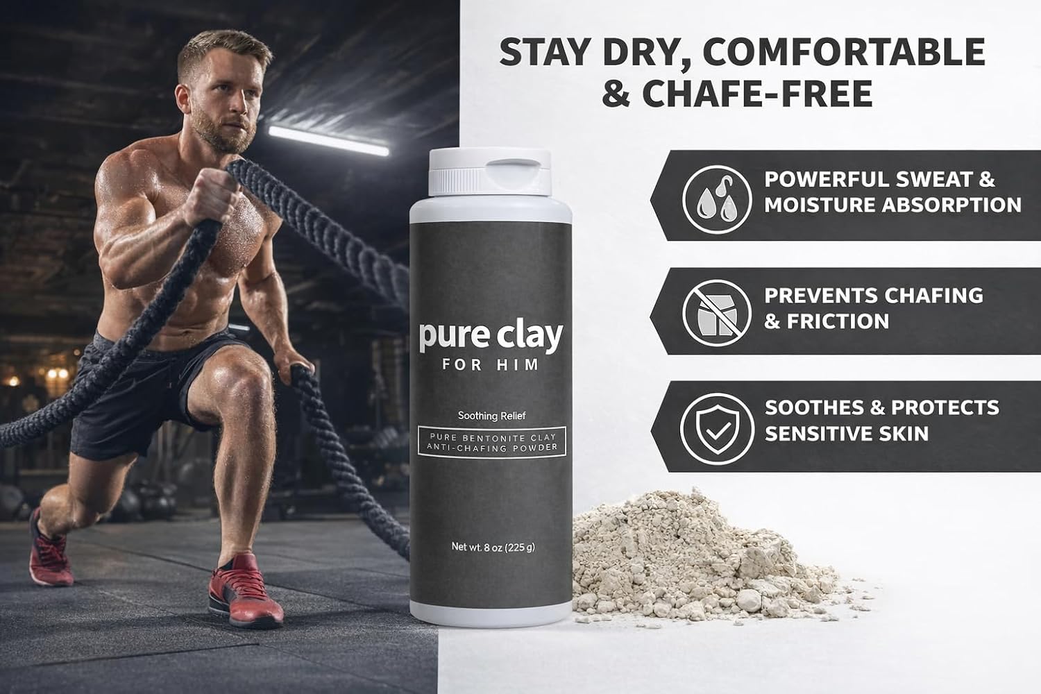 Pure for Him Mens Talc-Free Body Powder, Food Grade Bentonite Clay, Anti Chafing, Foot Powder, Dry Fresh Skin Comfort for Thighs Groin Underarms, Unscented 8 oz Calcium Bentonite Men Deodorant - Image 2