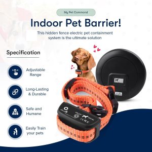 My Pet Command, Indoor Pet Barrier Adjustable Range, Static and Tone Correction, Hidden Fence for Dogs Containment Collar, Wireless Pet Gate Keeps Areas Off Limits, Rechargeable Collars 1 Collar kit