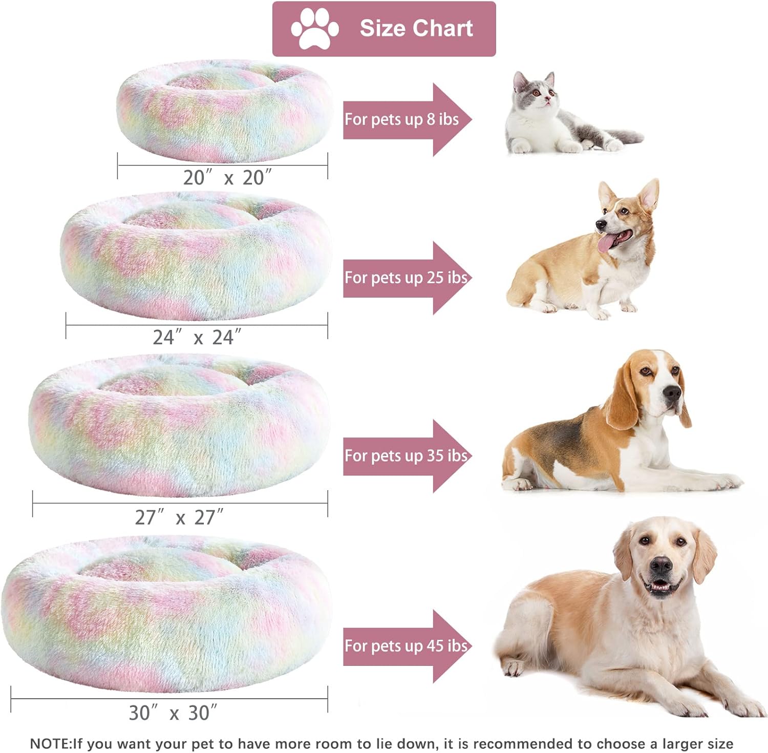 WNPETHOME Round Calming Medium Dog Bed Cat Bed for Comfy Sleeping, Cute Washable Puppy Bed with Fluffy Plush, Faux Fur Anti Anxiety Pet Bed Donut Cuddler (27 x 27 x 8 Inch, Rainbow) - Image 2