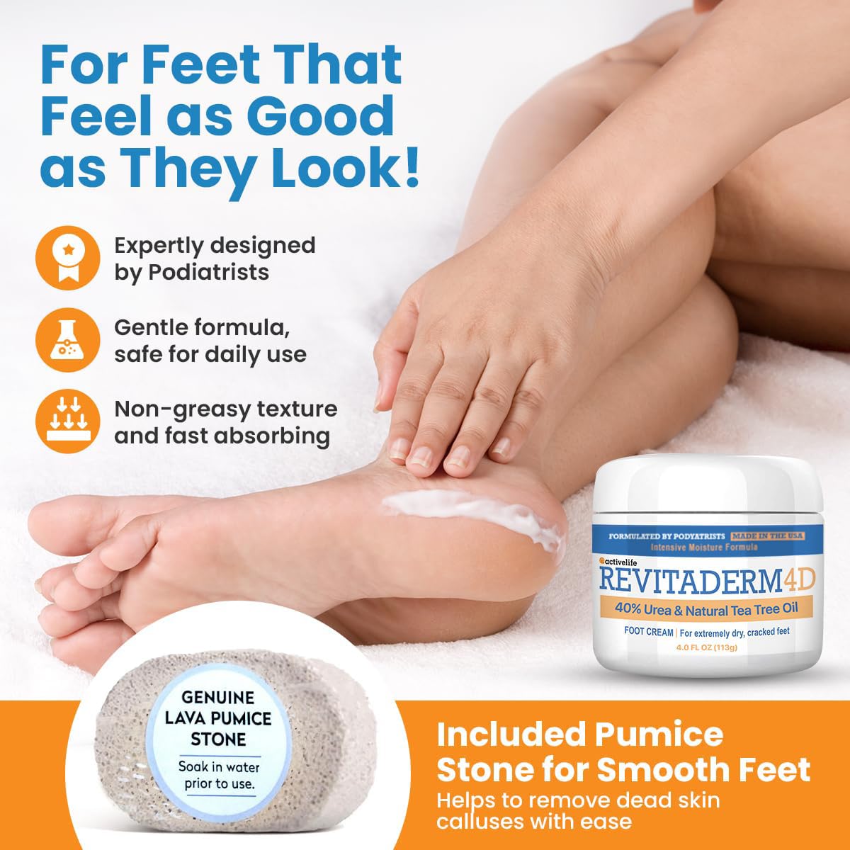 Revitaderm 4D 40% Urea Advanced Foot Cream for Cracked Heels & Dry Skin, Intensive Repair for Rough, Callused Feet, Fast Absorbing, Fragrance Free, Made in USA, 4 oz with Pumice & Brush, 3 Pack - Image 2