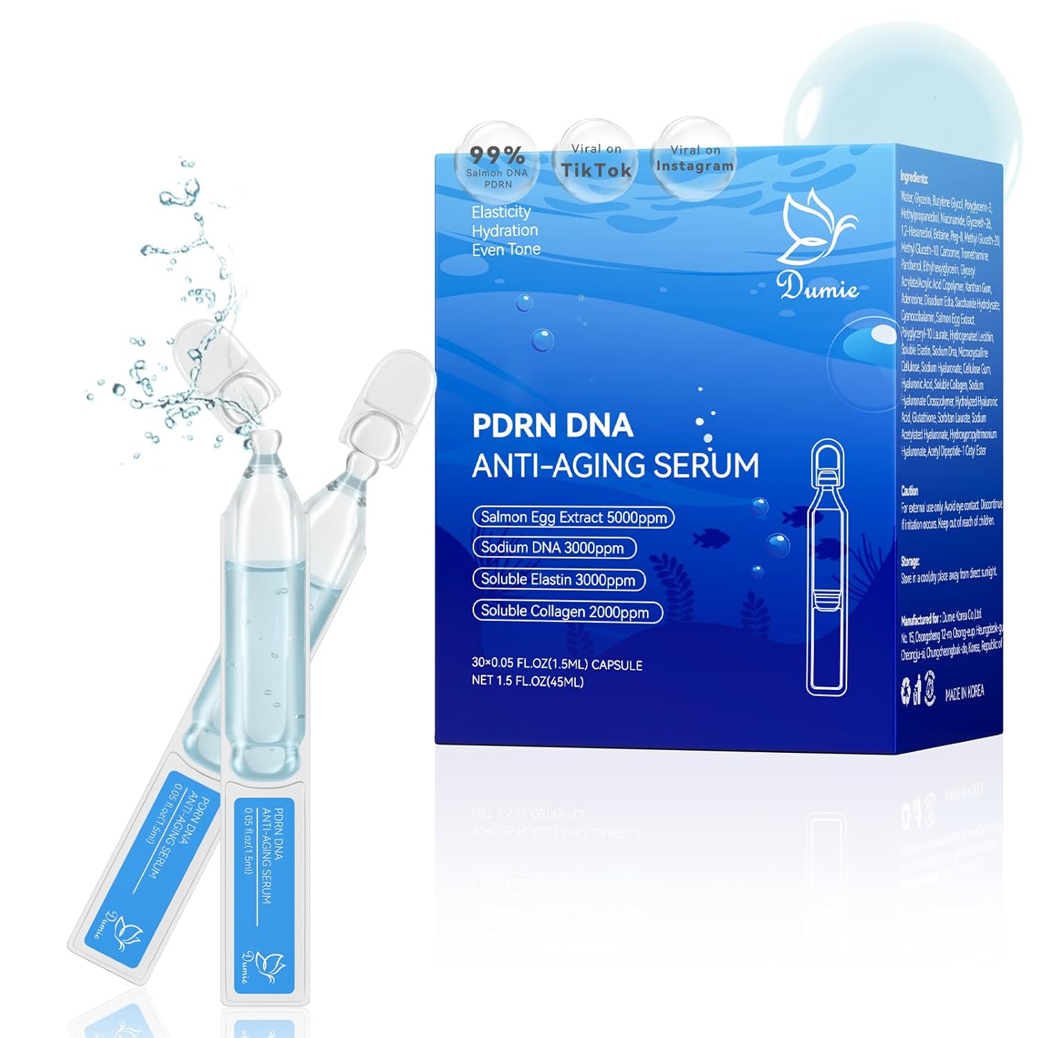 Salmon DNA PDRN Anti-Aging Serum, 5000ppm Salmon Egg DNA Ampoule, 2000ppm Collagen, Glutathione, Niacinamide & 6 Hyaluronic Acids, Korean Skincare for Wrinkles & Radiance,0.05 fl.oz x 30e - Image 2