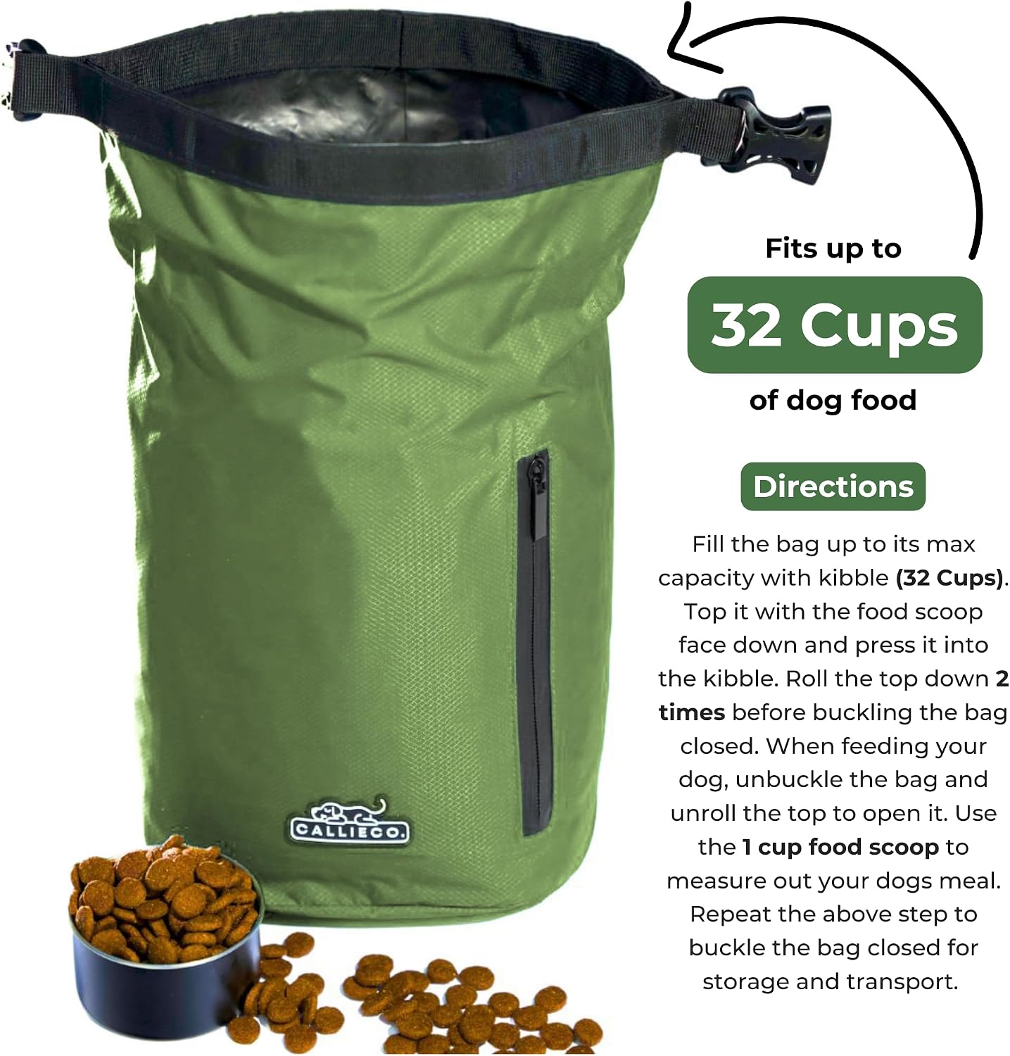 Callieco Dog Food Travel Bag w/ 1 Cup Scoop and Zipper Side Pocket | Waterproof Kibble Storage Container for Home, Road Trips, Camping, Boarding and More (Green, 32 Cups) - Image 3