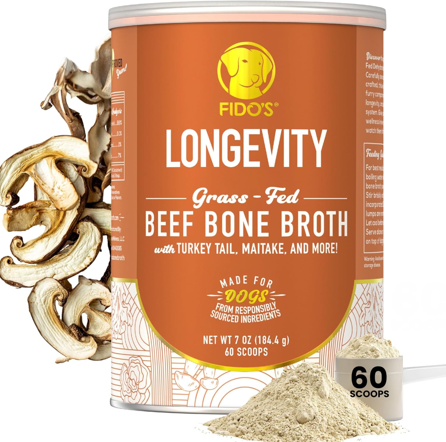 Fido's Longevity Bone Broth for Dogs - Turkey Tail + Maitake Mushroom - Grass-Fed Beef Bone Broth Powder - Dog Immune Support - Mushroom Supplement for Dogs - Dog Food Topper for Dry Food - 60 Scoops - Image 3