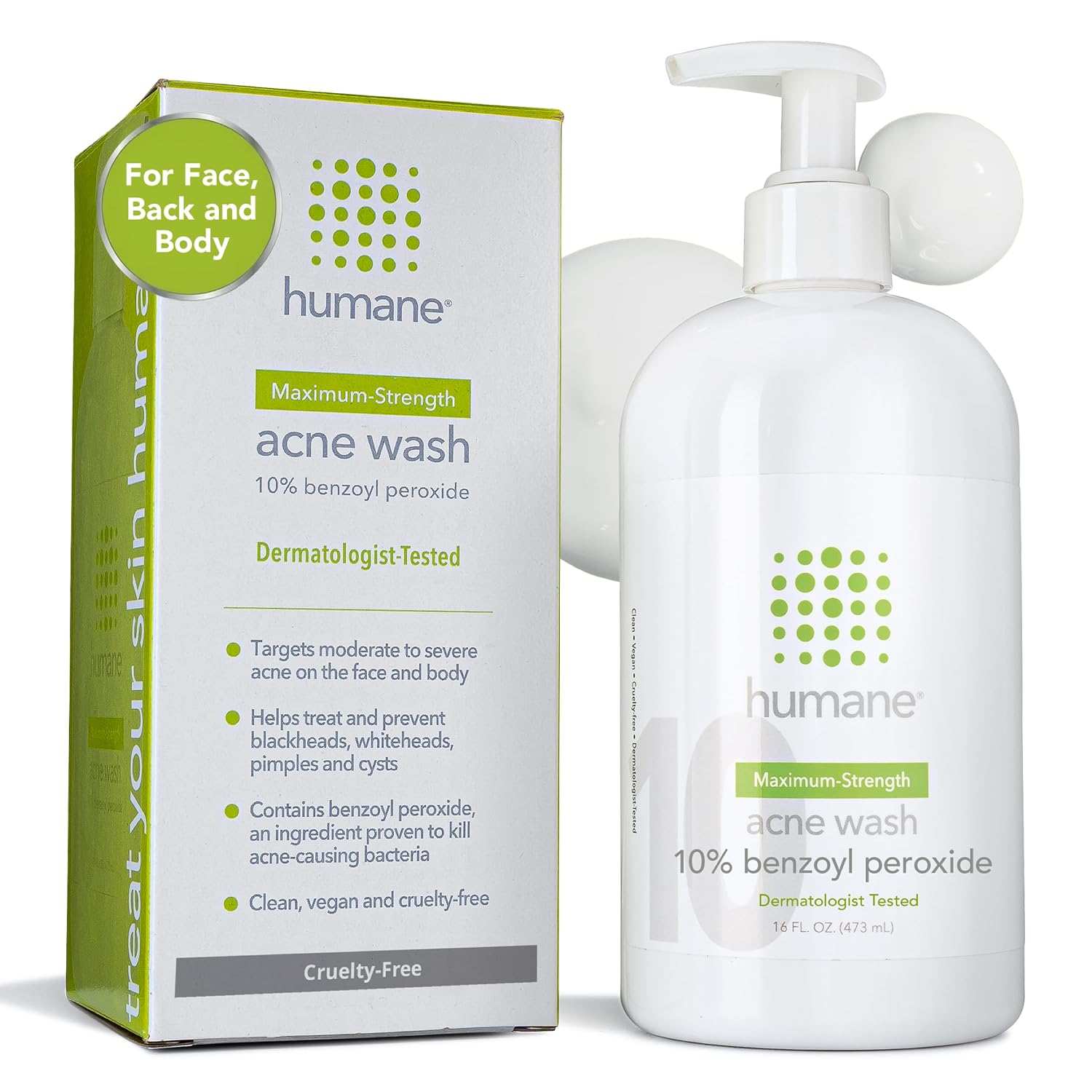 humane Benzoyl Peroxide Acne Body Wash - 10% Maximum-Strength Face, Skin, Butt, and Back Acne Treatment - 16 Fl Oz - Dermatologist-Tested Non-Foaming Acne Face Wash Cleanser - Vegan, Cruelty-Free
