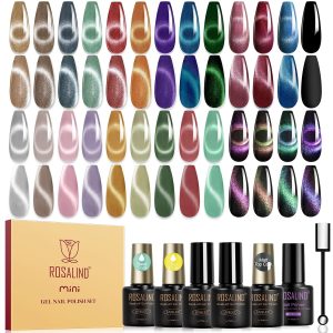 ROSALIND 30pcs Cat Eye Gel Nail Polish Set - 26 Colors Red Purple Brown Green Burgundy Magnetic Gel Nail Polish with Base Gel Glossy Matte Top Coat Magnet and Nail Primer