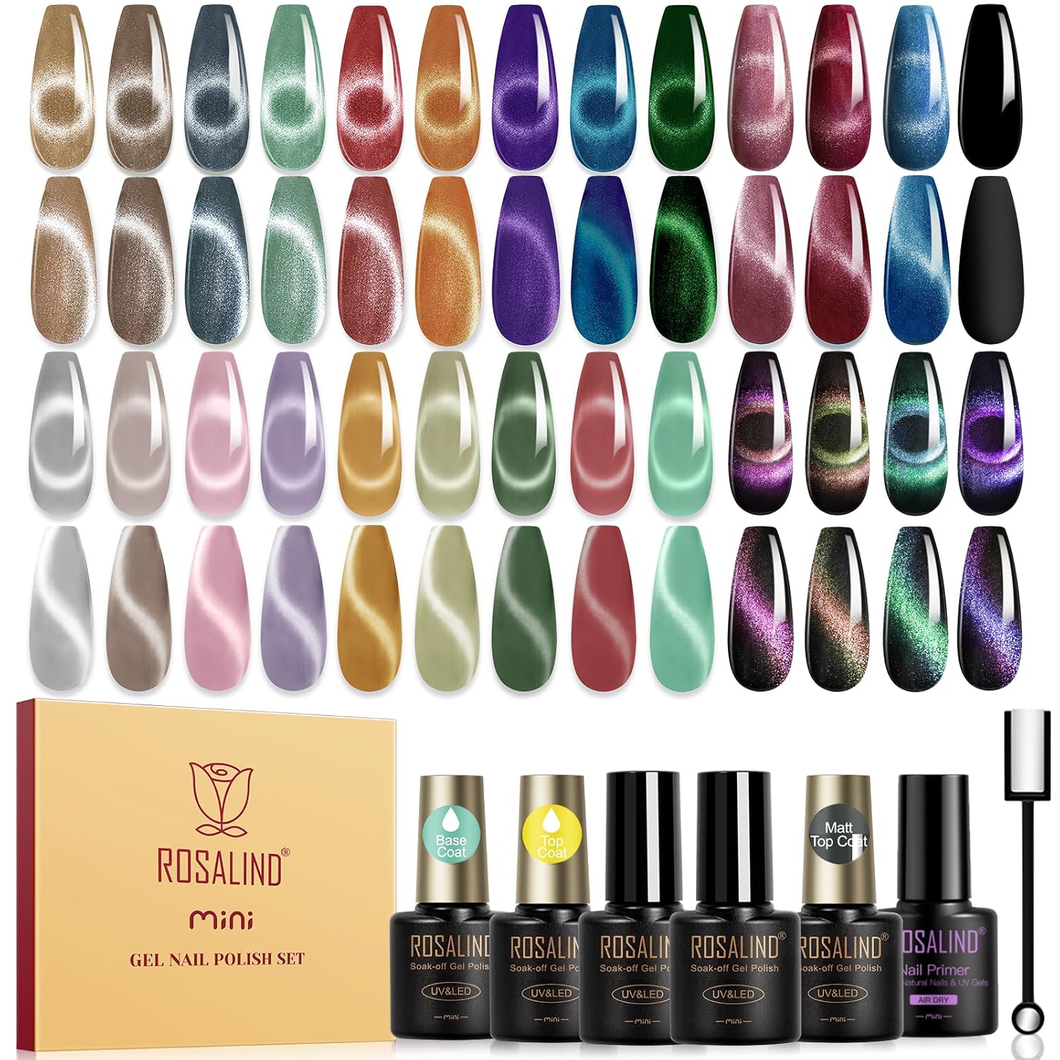 ROSALIND 30pcs Cat Eye Gel Nail Polish Set - 26 Colors Red Purple Brown Green Burgundy Magnetic Gel Nail Polish with Base Gel Glossy Matte Top Coat Magnet and Nail Primer