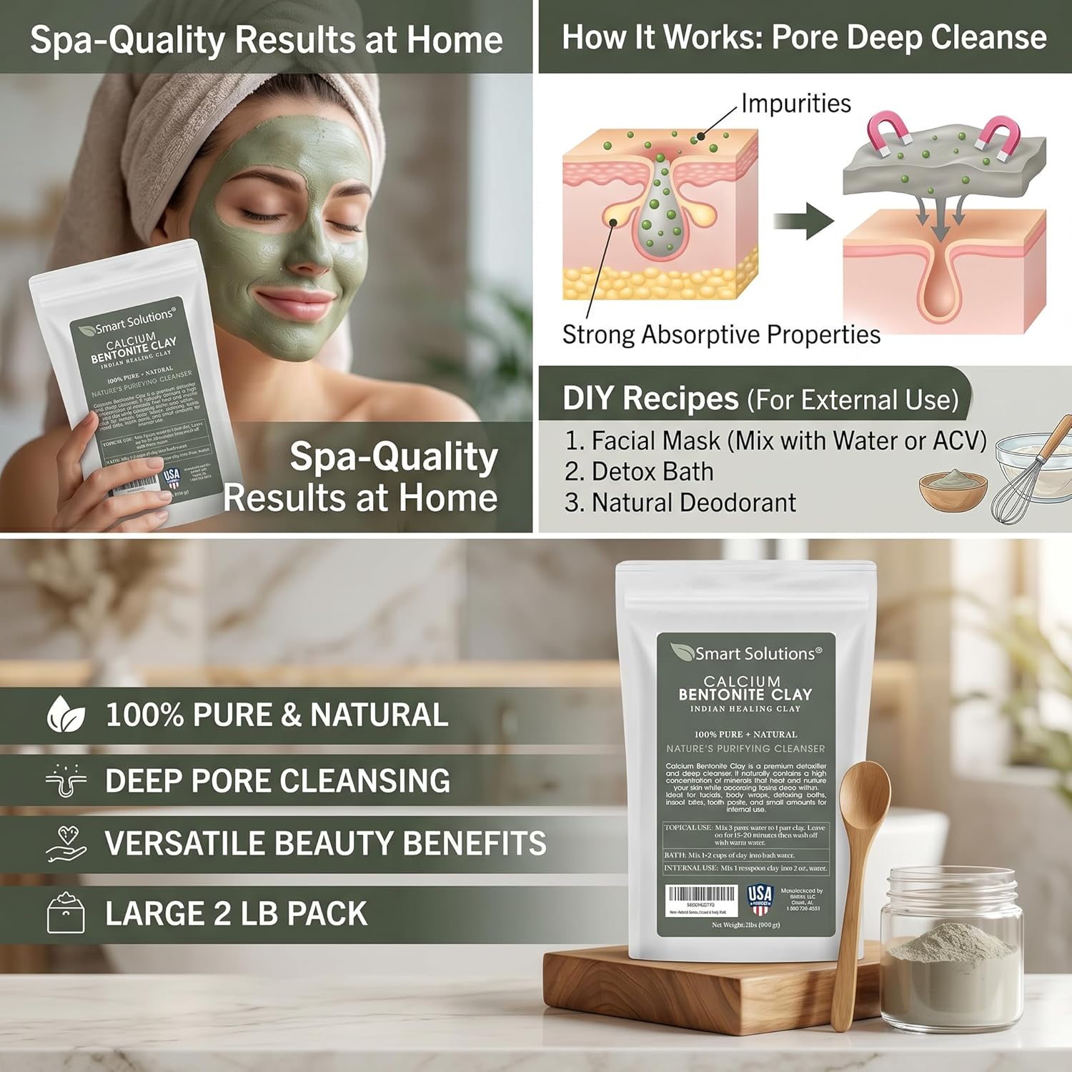 SMART SOLUTIONS Calcium Bentonite Clay, 2 lb Pure Indian Healing Clay - All Natural for External Use | DIY Facial Treatments, Deodorants, Hair Masks - Image 2
