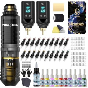POSEIDON Tattoo Pen Kit Tattoo Gun Kit with 2pcs Tattoo Batteries Tattoo pen kit with 20pcs Tattoo cartridge needle tattoo machine kit with 11pcs tattoo ink for beginner