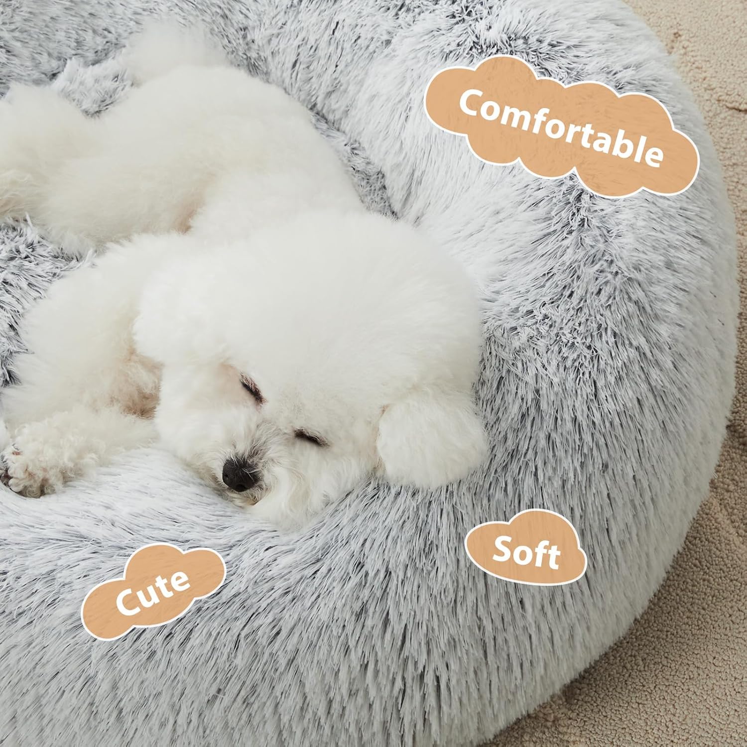 WNPETHOME Calming Dog Bed Cat Bed Donut, Faux Fur Pet Bed Self-Warming Donut Cuddler, Comfortable Round Plush Dog Beds (30 x 30 x 10 Inch, Light Grey) - Image 2