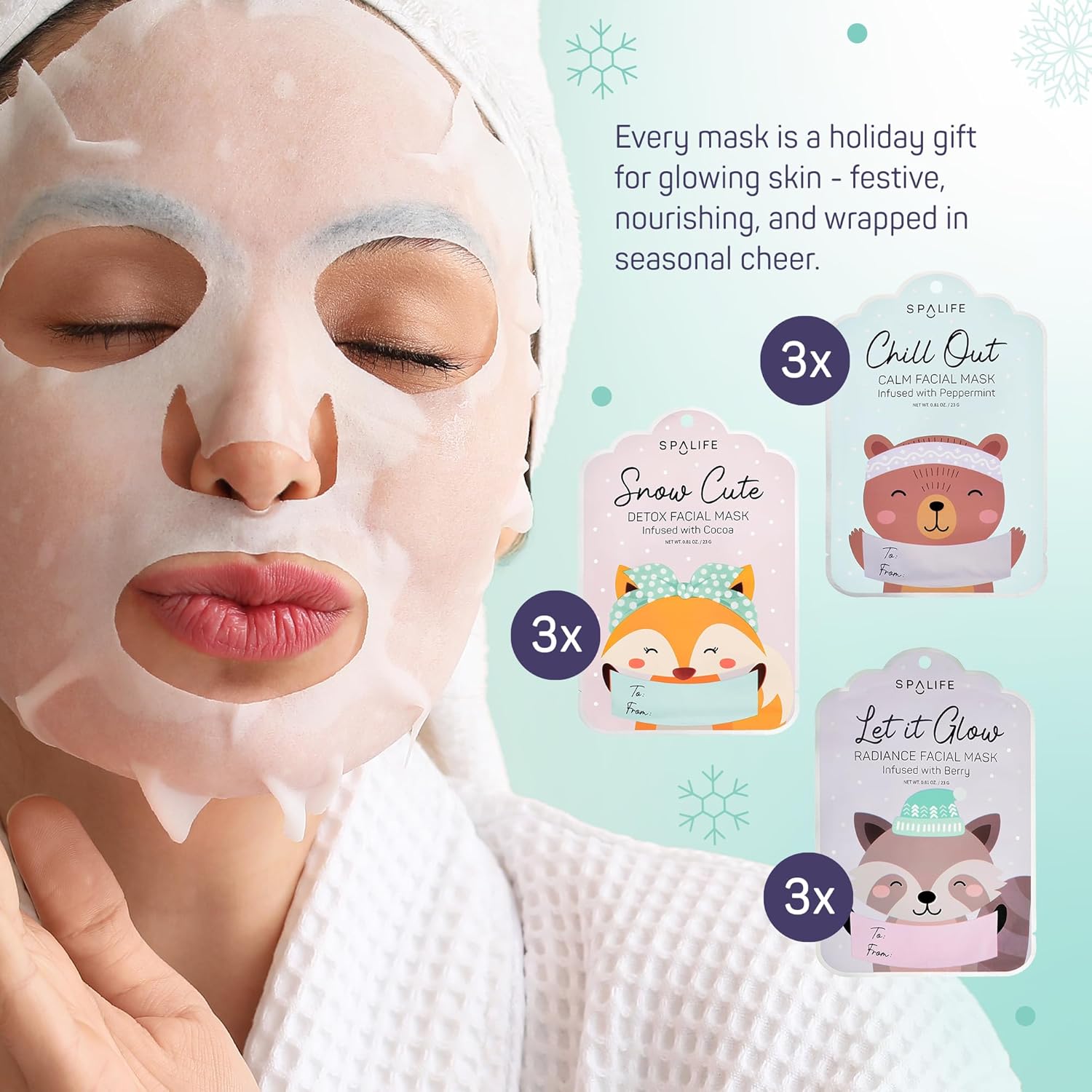 SpaLife Beauty Holiday Gift Tags Christmas Face Mask Bundle | Korean Facial Masks | Hydrating, Tone Evening, Refreshing Christmas Sheet Mask Set | Christmas Gifts for Women | 9 Pack - Image 2