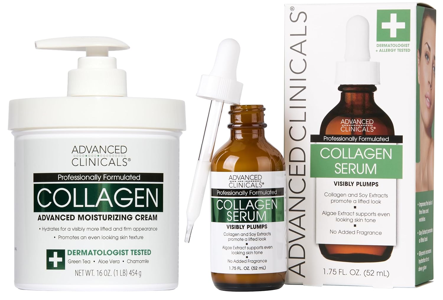 Advanced Clinicals Unscented Collagen Body Cream + Collagen Serum For Face 2PC Skincare Set | Face Serum & Body Lotion For Women & Men Helps Improve Look Of Wrinkles & Dry Skin, Fragrance Free, 2pc