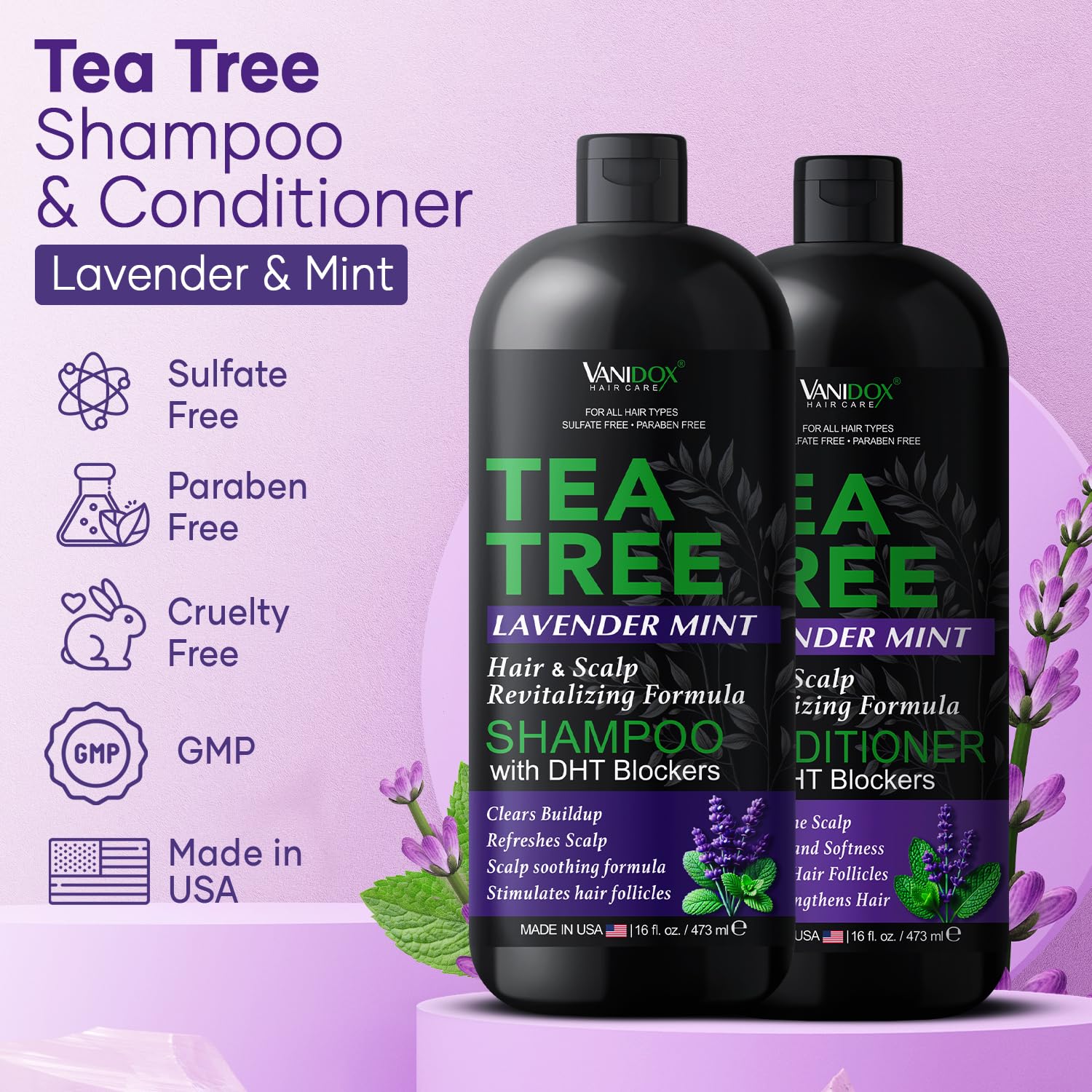 Vanidox Tea Tree Shampoo and Conditioner Set with Lavender and Mint | DHT Blockers | With 100% Pure Tea Tree Oil for Itchy, Dry Scalp | Sulfate & Paraben Free | For Men & Women | 16 fl oz Each - Image 2
